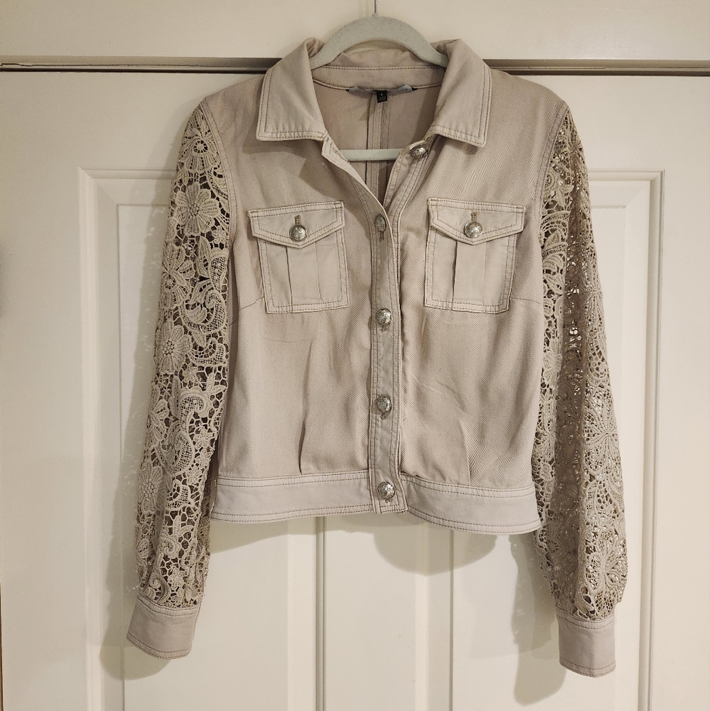 White House Black Market Tan Jean Jacket with Lace Sleeves SIze 6